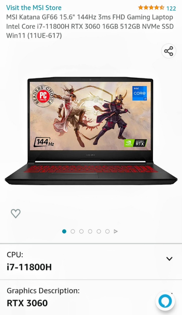 MSI Katana gaming laptop GF66 11ue-260us RTX-3060