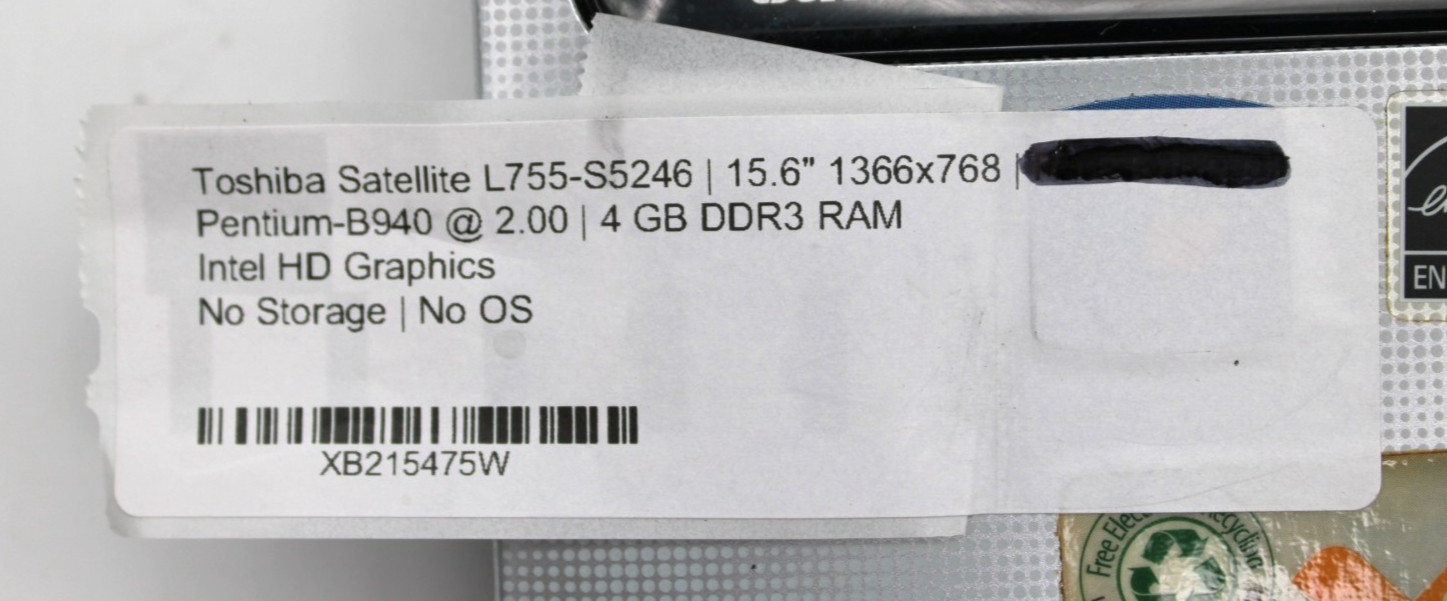 Toshiba Satellite L755 Pentium-B940@2.00GHz 4GB DDR3 NO STORAGE/OS *USED/TESTED*