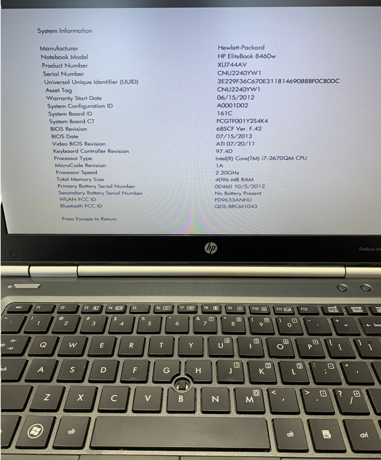 HP EliteBook 8460W i7-2670QM 2.20GHz 4GB not hard drive