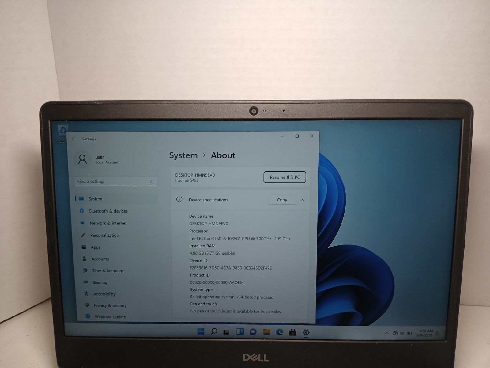 Dell Inspiron 5493 14″ i5-1035G1 4GB RAM 256GB SSD WIN11 #97