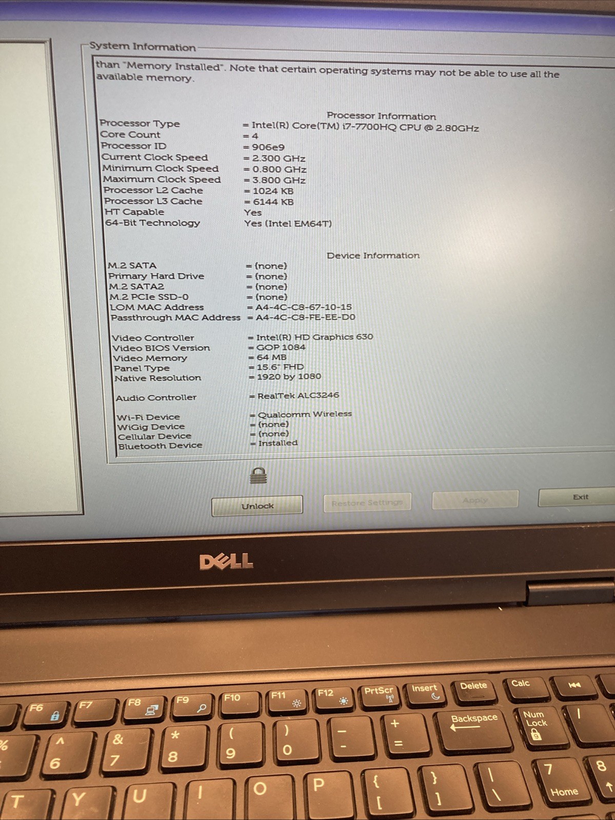 15.6″ Dell Precision 3520 Laptop Intel i7-7700HQ 16gb RAM NO SSD NO OS