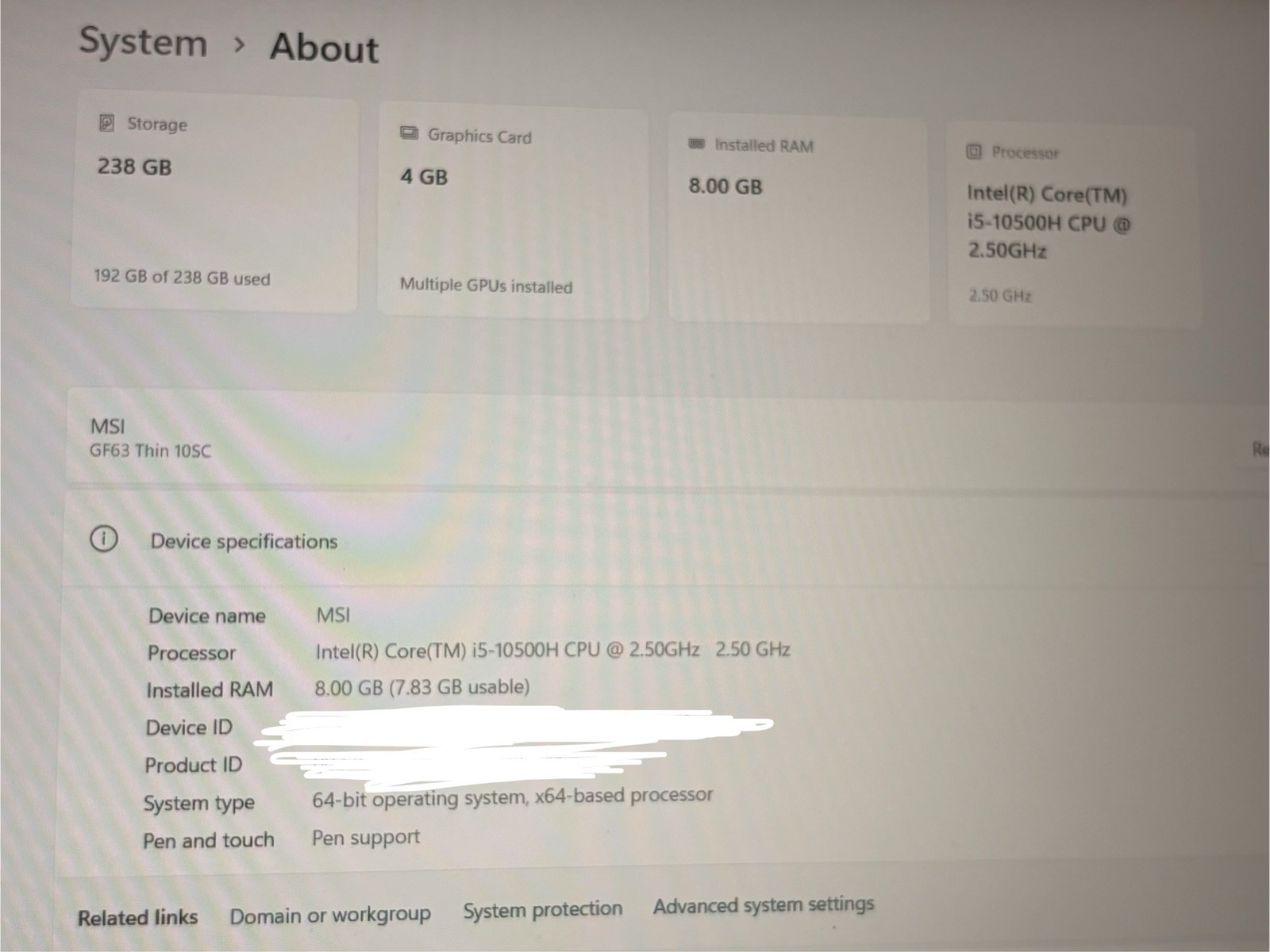 MSI GF63 Thin 10SC 15.6″ FHD i5-10500H GTX 1650 Max-Q 8GB 238GB SSD