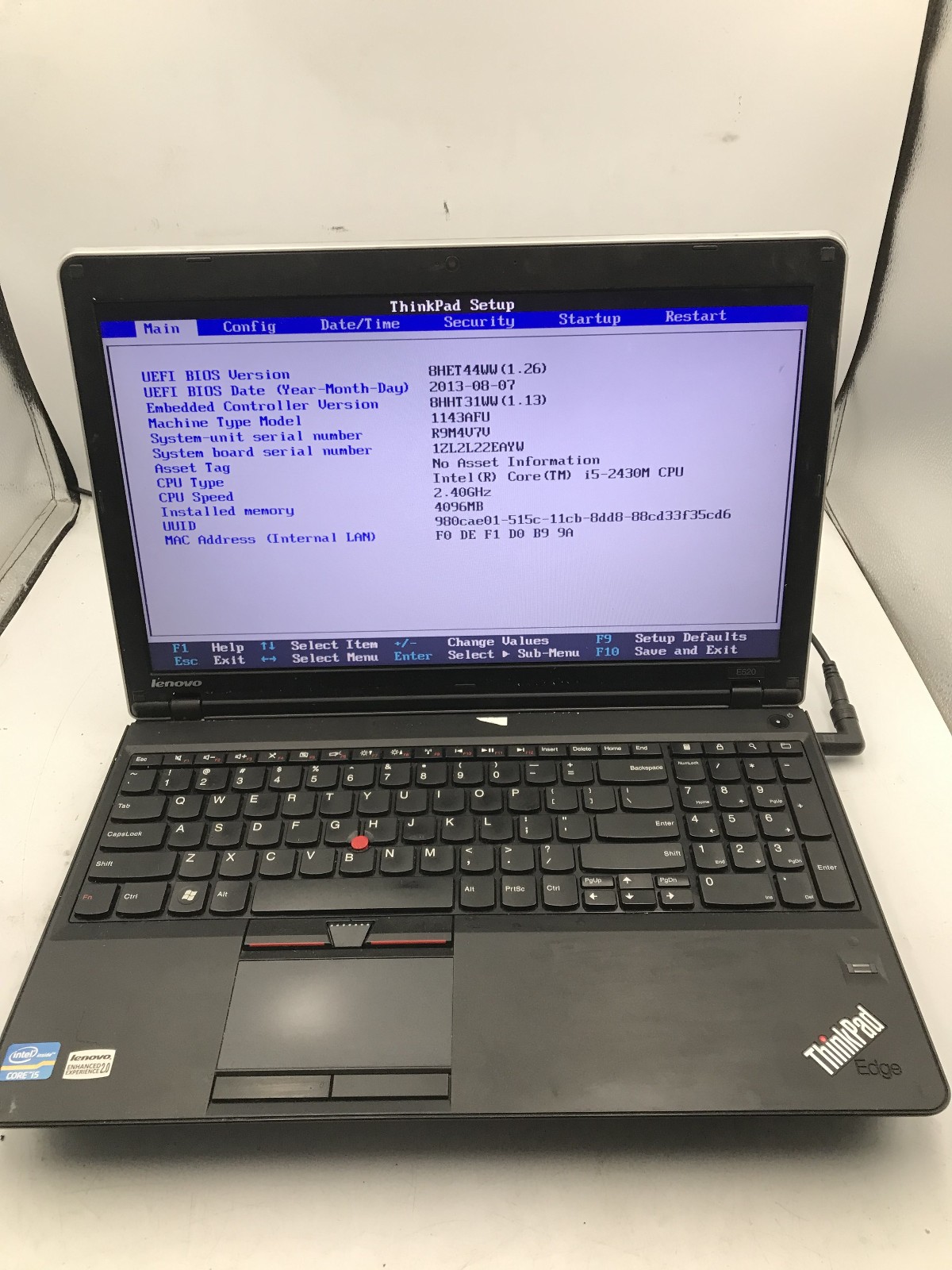 LENOVO THINKPAD E520 – BOOTS TO BIOS – INTEL I5 2430M – NO RAM – 15″ – READ -BB