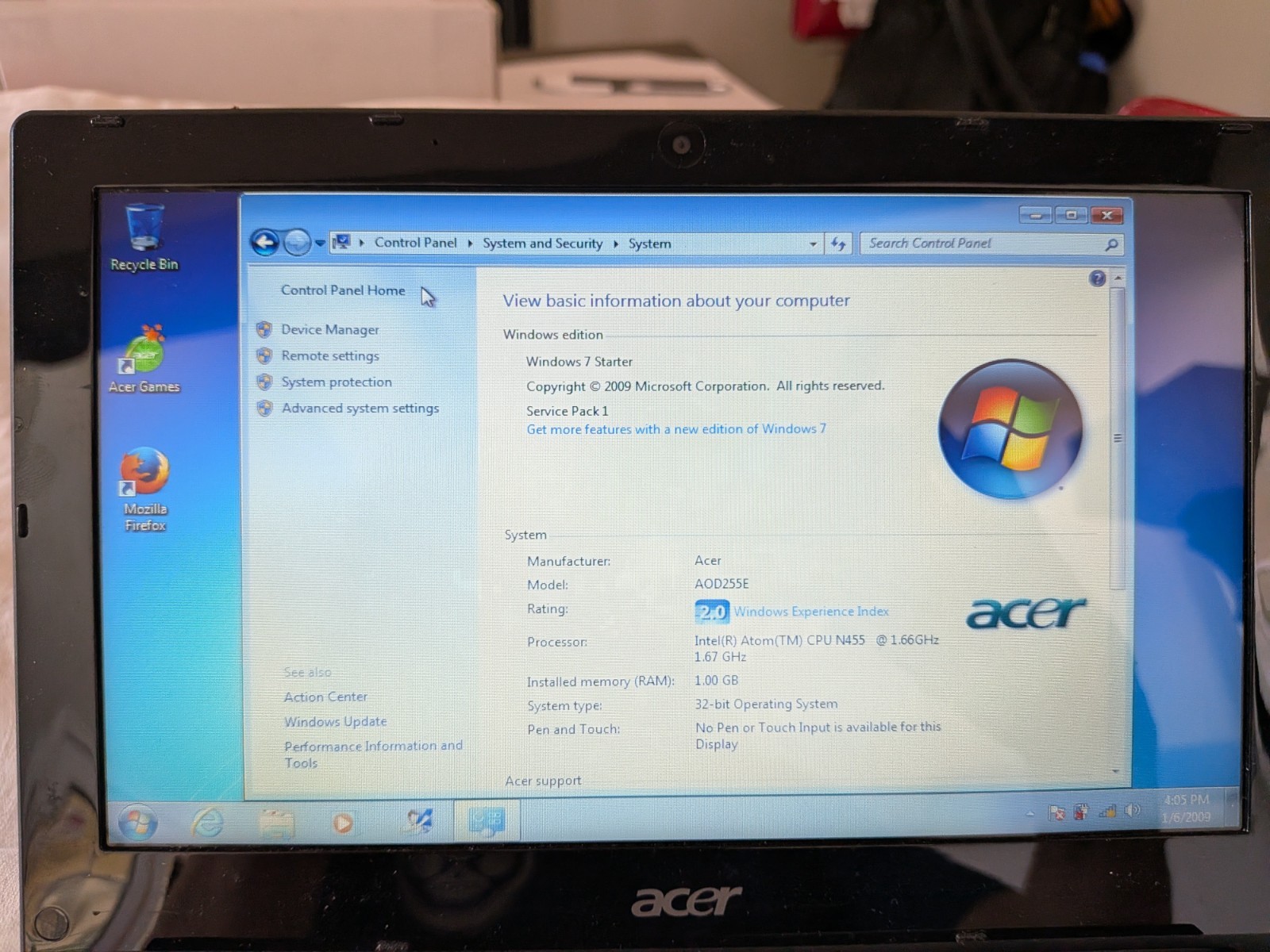 Acer Aspire One Blue D255E Laptop Atom N455 1GB RAM 250GB HD Windows 7 Works!