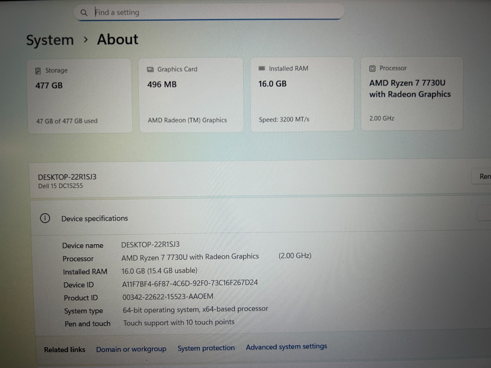 DELL 15 DC15255 G8MK9, AMD Ryzen 7 7730U, 2.00 GHz, 16 GB RAM, 512 GB NVMe