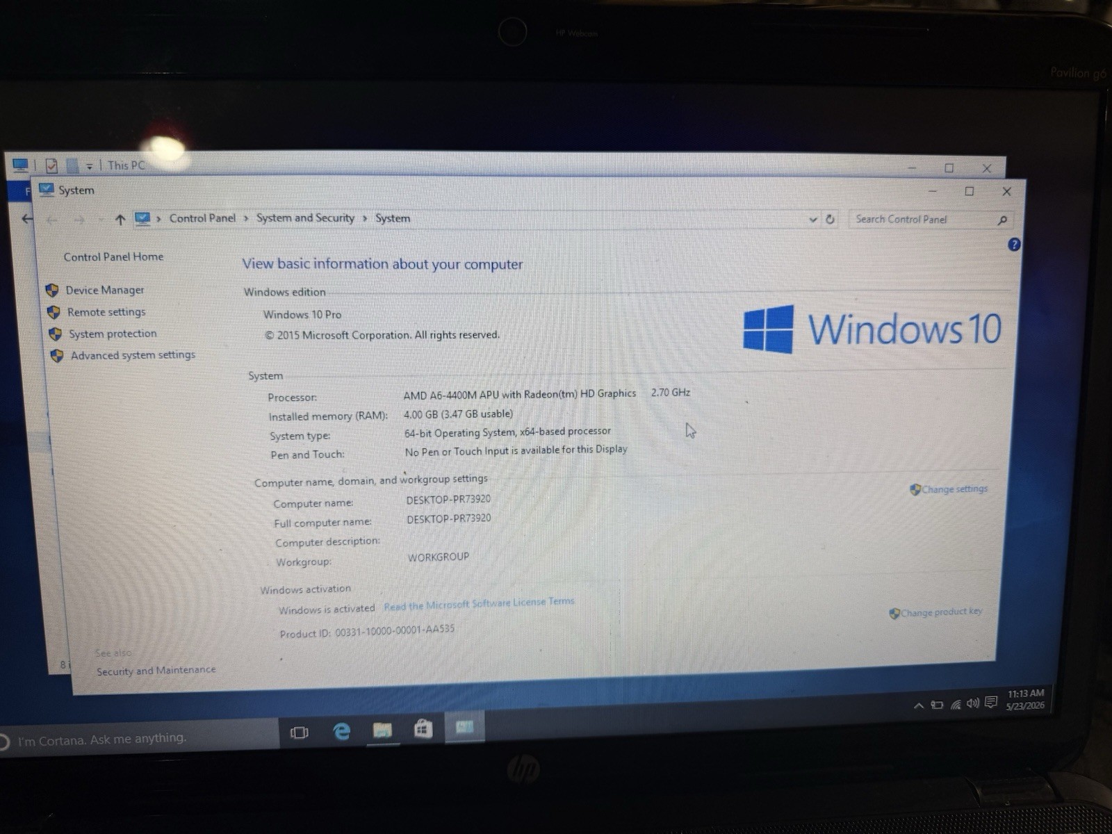 HP Pavilion G6 AMD A6-4400M 2700MHz 4 GB 500 HDD Window 10 pro 64 bit No Batt
