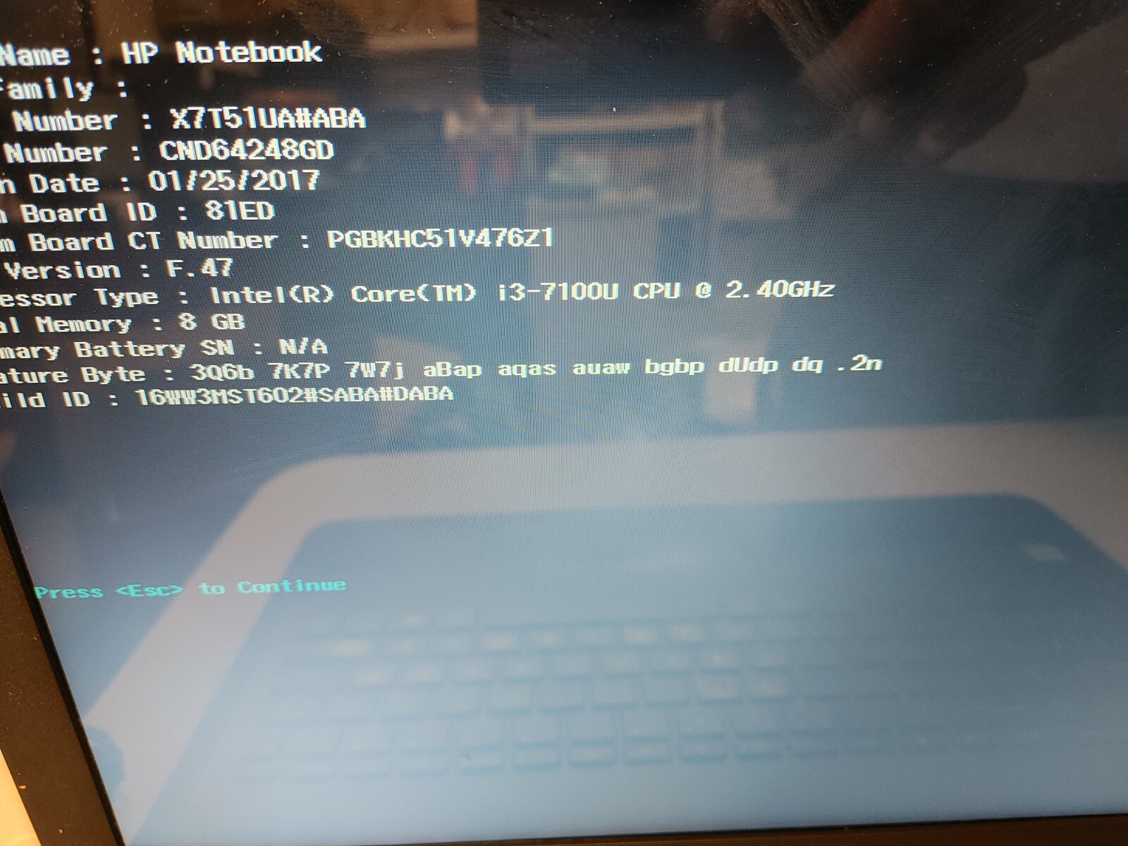 HP Notebook Core i3-7100U@ 2.40GHz, NO RAM , NO HD for parts