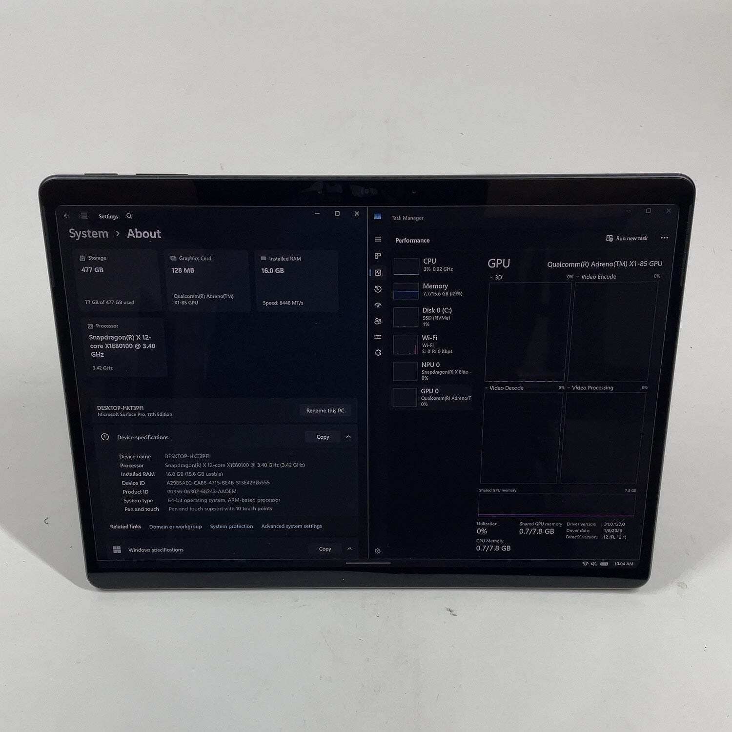 Microsoft Surface Pro 11 2076 13″ Snapdragon X 3.4GHz 16GB RAM 512GB SSD
