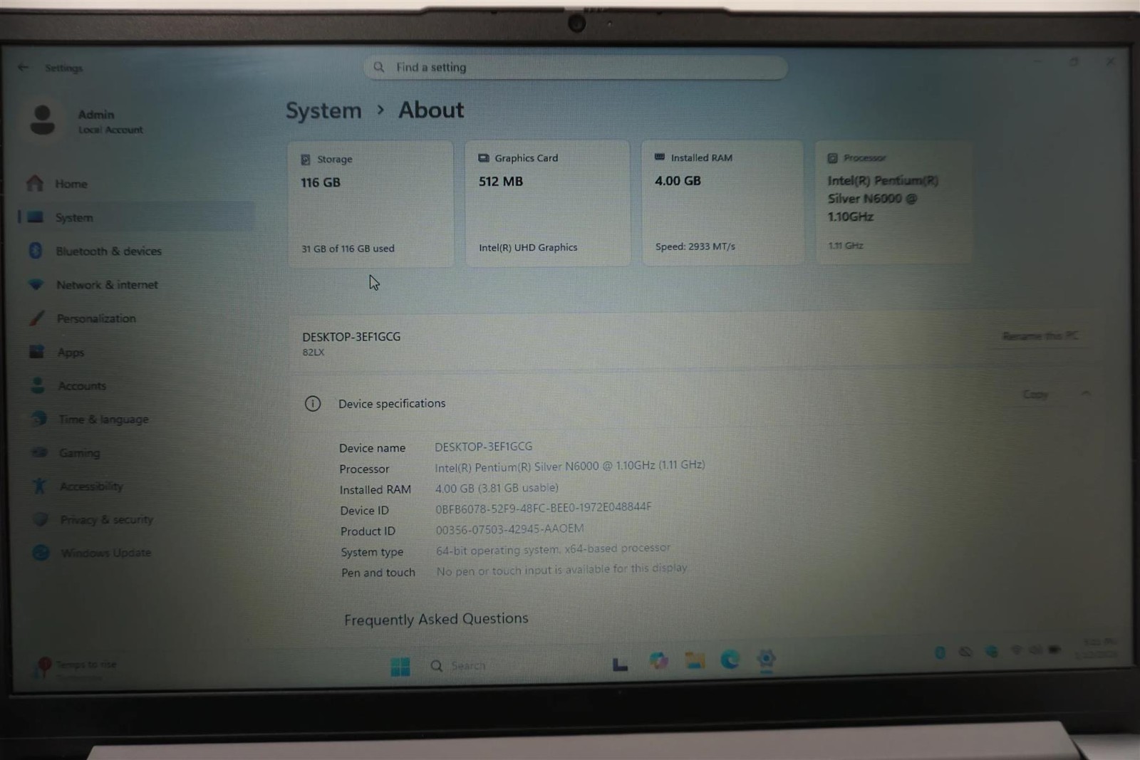 Lenovo 82LX IdeaPad 1 15.6″ FHD Intel Pentium Silver N6000 1.10GHz 4GB 128GB