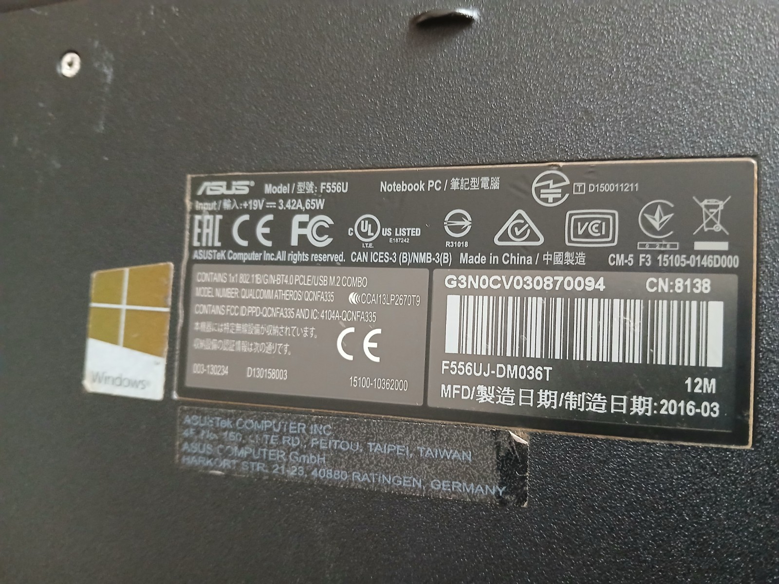 ASUS F556U, 699GB HDD 8GbRam Notebook Laptop PC