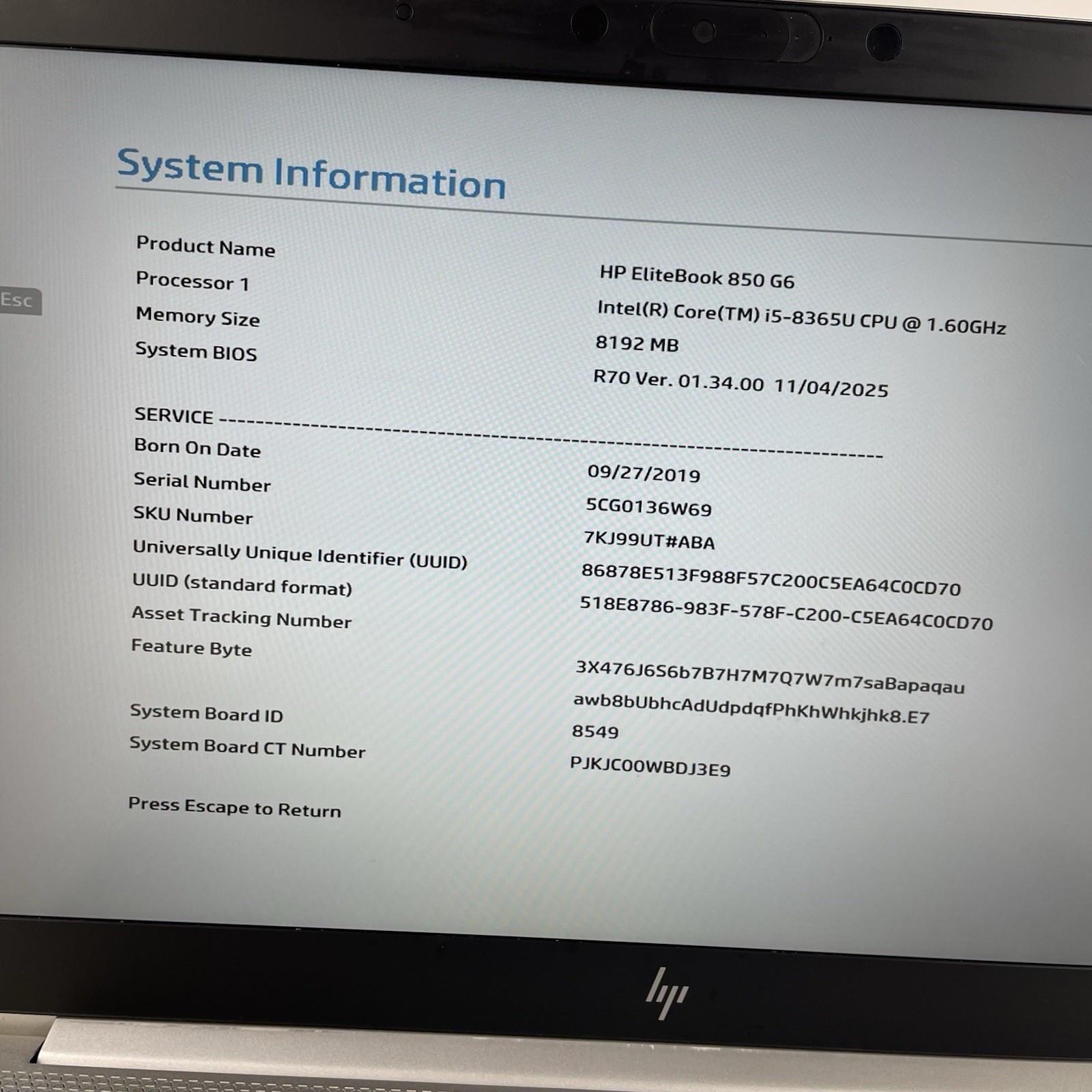 HP EliteBook 850 G6 15.6″ i5-8365U 1.60 GHz 8 GB RAM No SSD/OS/AC/Battery