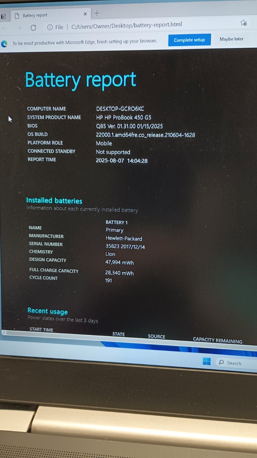 80702 Probook450 G5 w/charger.i5 8250U.16GB.250GB SSD.15.6’FHD.W11 Pro
