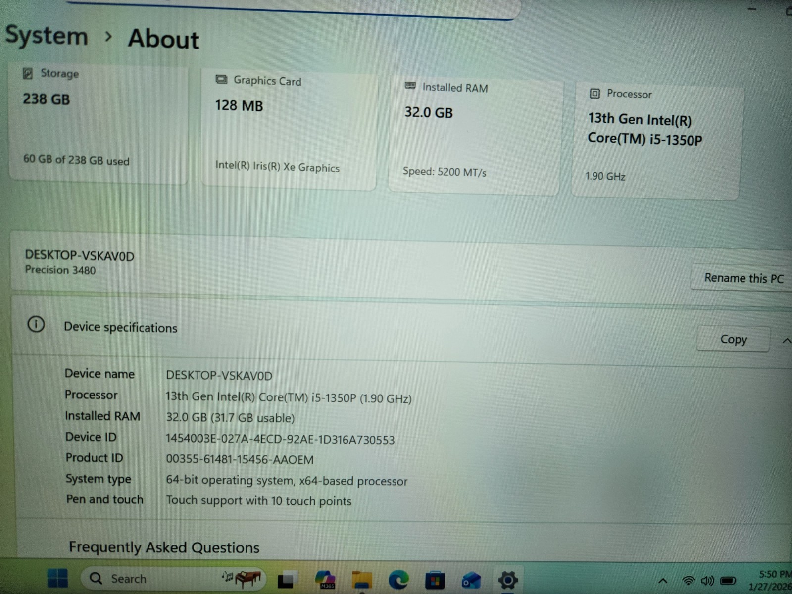 Dell Precision 3480 14″ Touch Intel i5 13th Gen 32GB 256GB Laptop WiFi 6e GD44D