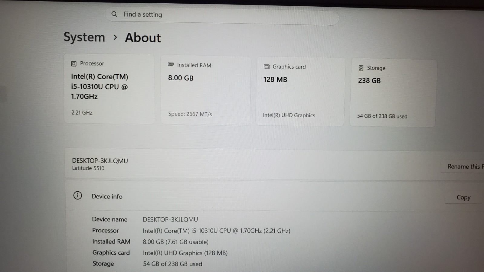 DELL Latitude 5510 Laptop i5-10310U 8GB RAM 256GB NVMe SSD Windows11 PRO mint