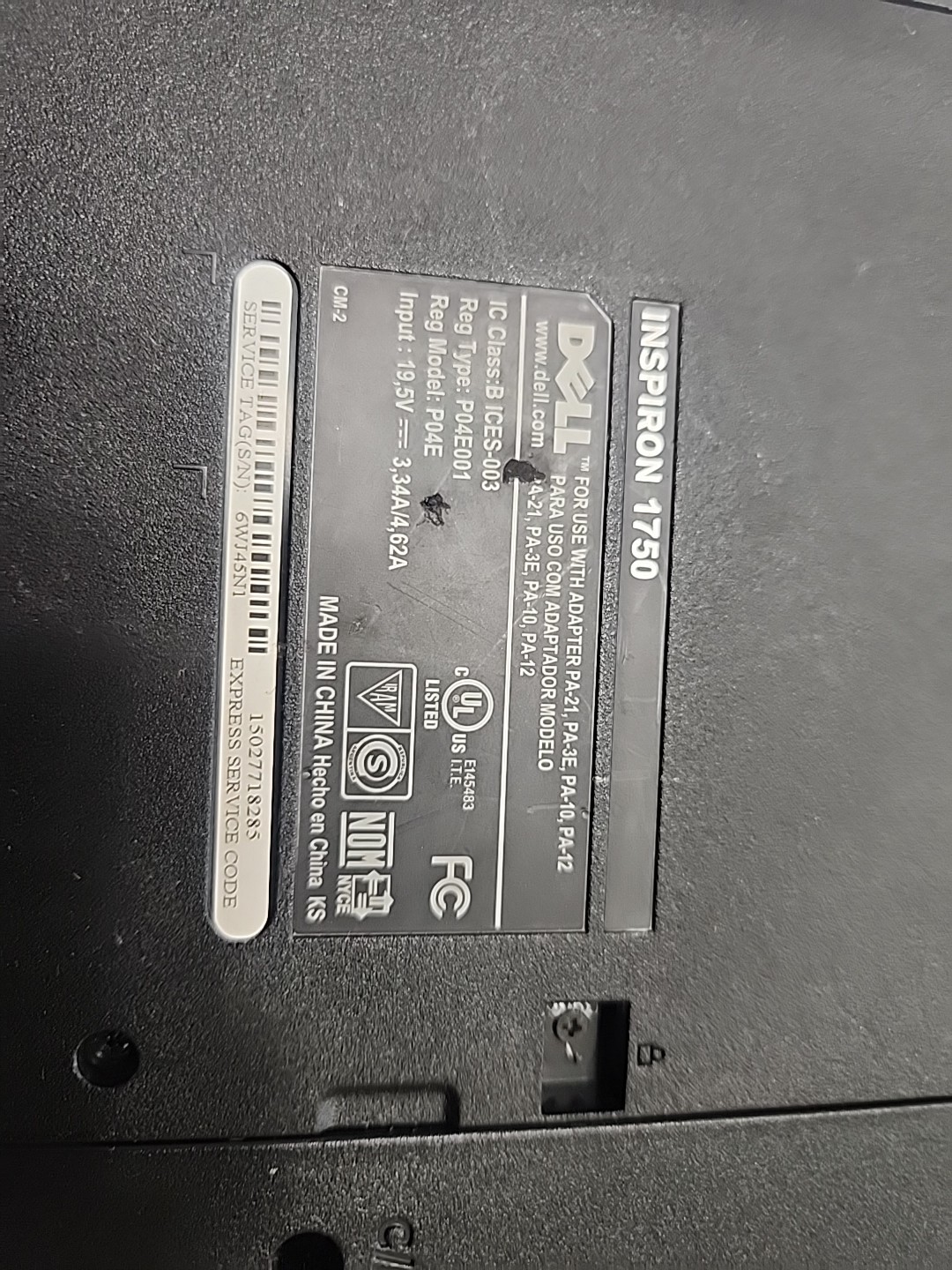 Dell Laptop Inspiron 1750 Windows 2007 &Extreme Laptop Bag FOR PARTS Not Tested