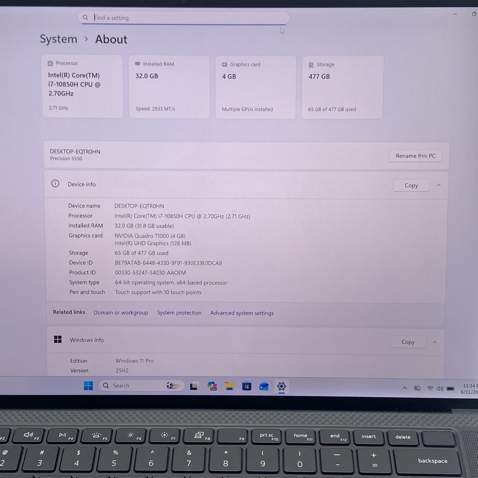 Dell Precision 5550 i7-10850H 2.7GHz 32GB RAM 512GB W11P UHD Touchscreen T1000