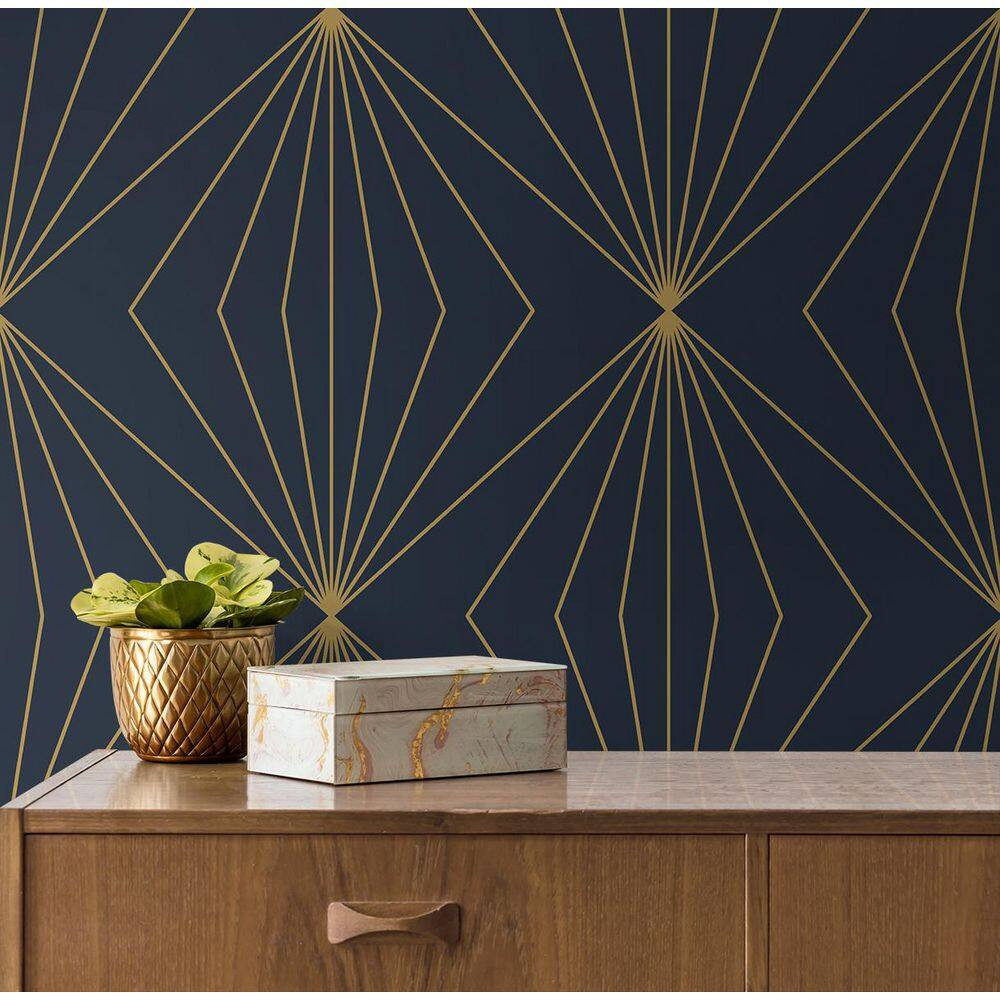 57.5 Sq. Ft. Dark Blue & Metallic Gold Gem Geometric Pre-Pasted Paper Wallpaper