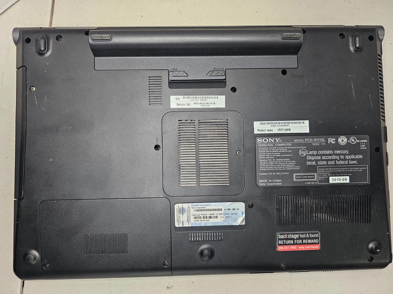 Sony Vaio VPCF136FM i7-740QM 16GB RAM 1TB HDD NVIDIA 425M Win 10 NO AC #04