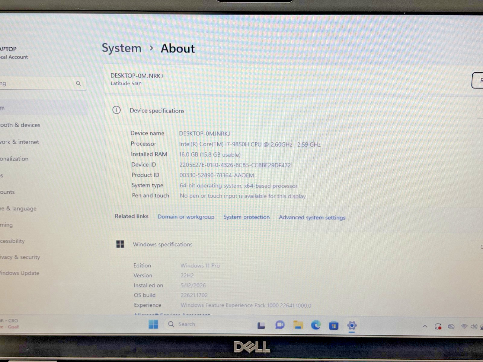 Dell Latitude 5401 14″ Intel i7-9th Gen 2.60GHz 16GB RAM 256GB SSD Win 11 Pro*