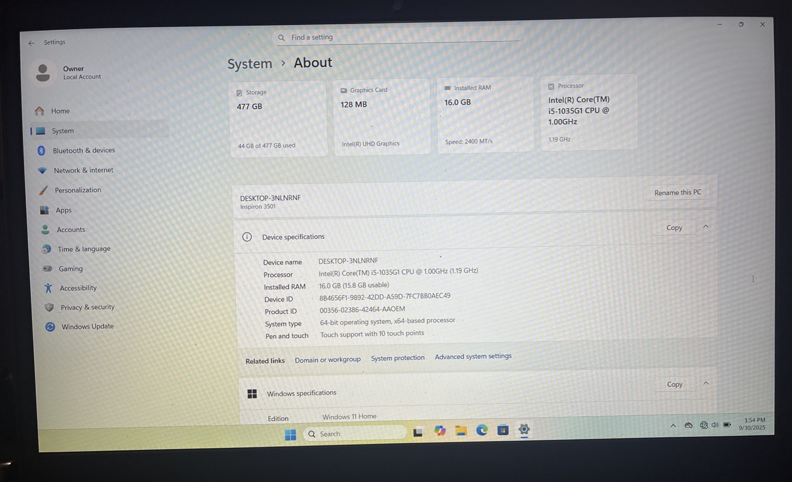 Dell Inspiron 3501 i5-1035G1@1.00GHz, 16GB RAM, 512GB M2, Win 11 Home *READ*