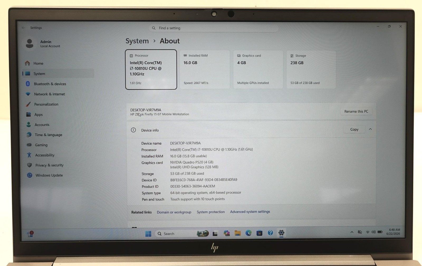HP ZBOOK Firefly G7 Mobile WS 15.4″ Core i7-10810U 1.10GHz 16GB 256GB SSD