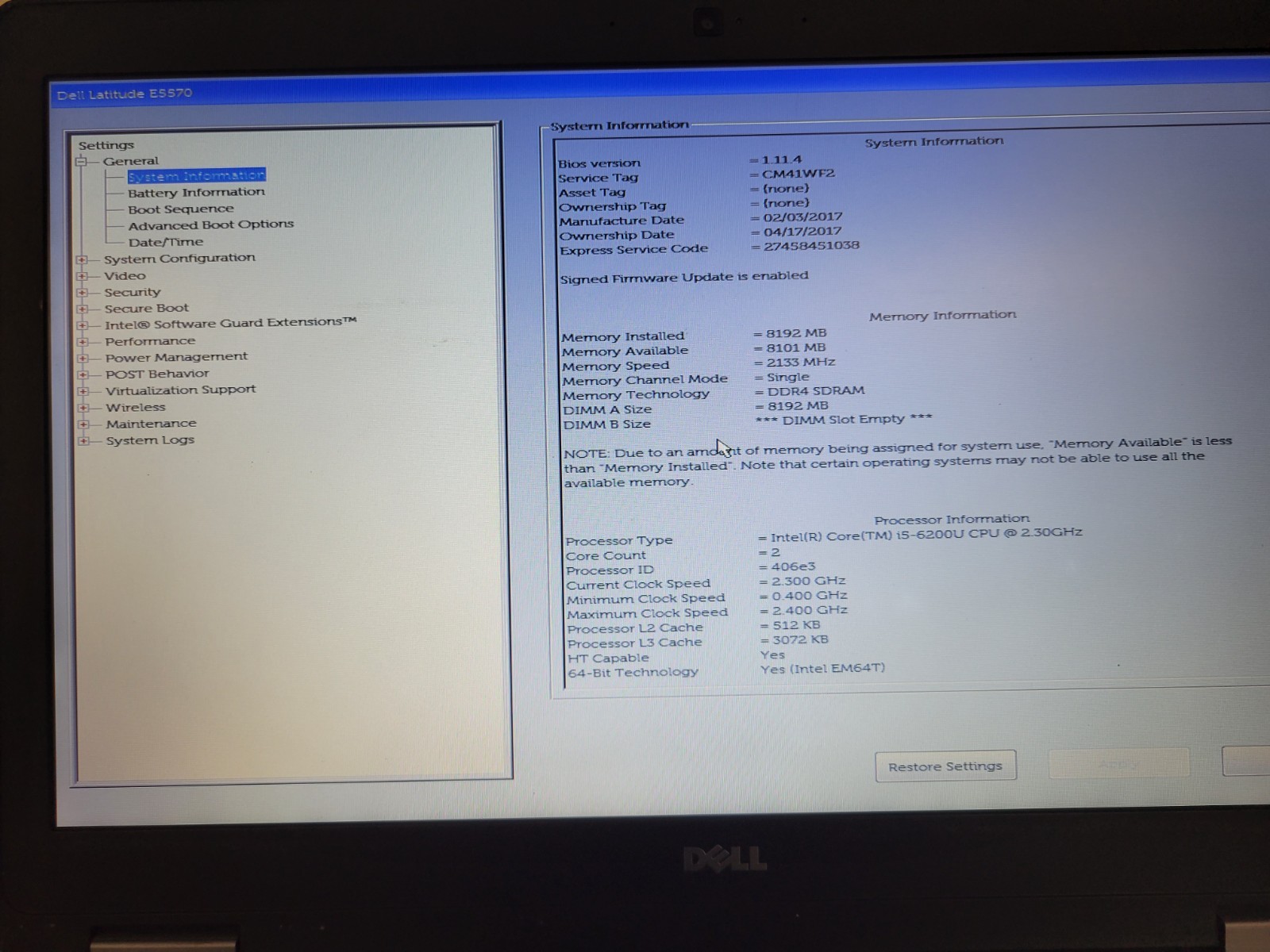 Dell Latitude E5570 i5-6200U 8GB RAM Win 10 Pro *AS IS/No HDD/Read* | C808