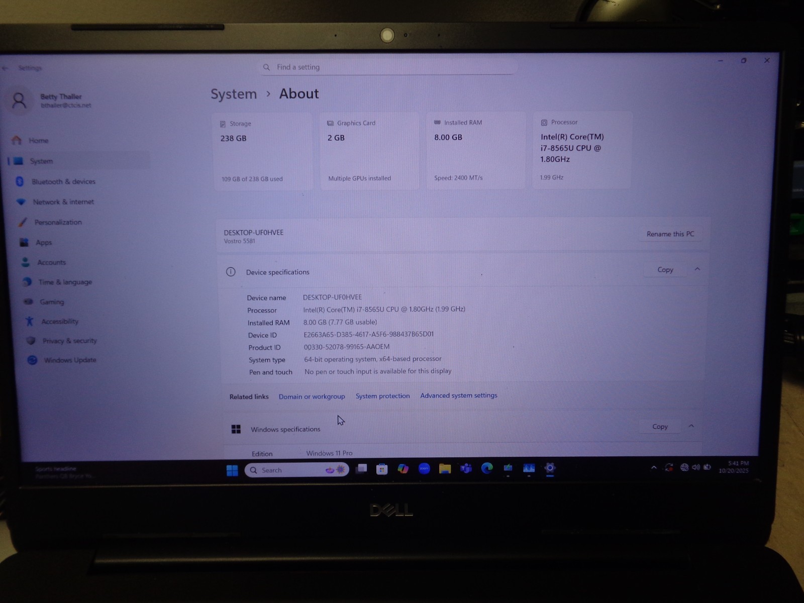Dell Vostro 5581 i7-8565U 1.8GHz 15.5″ FHD 8GB 256SSD Windows 11 PRO