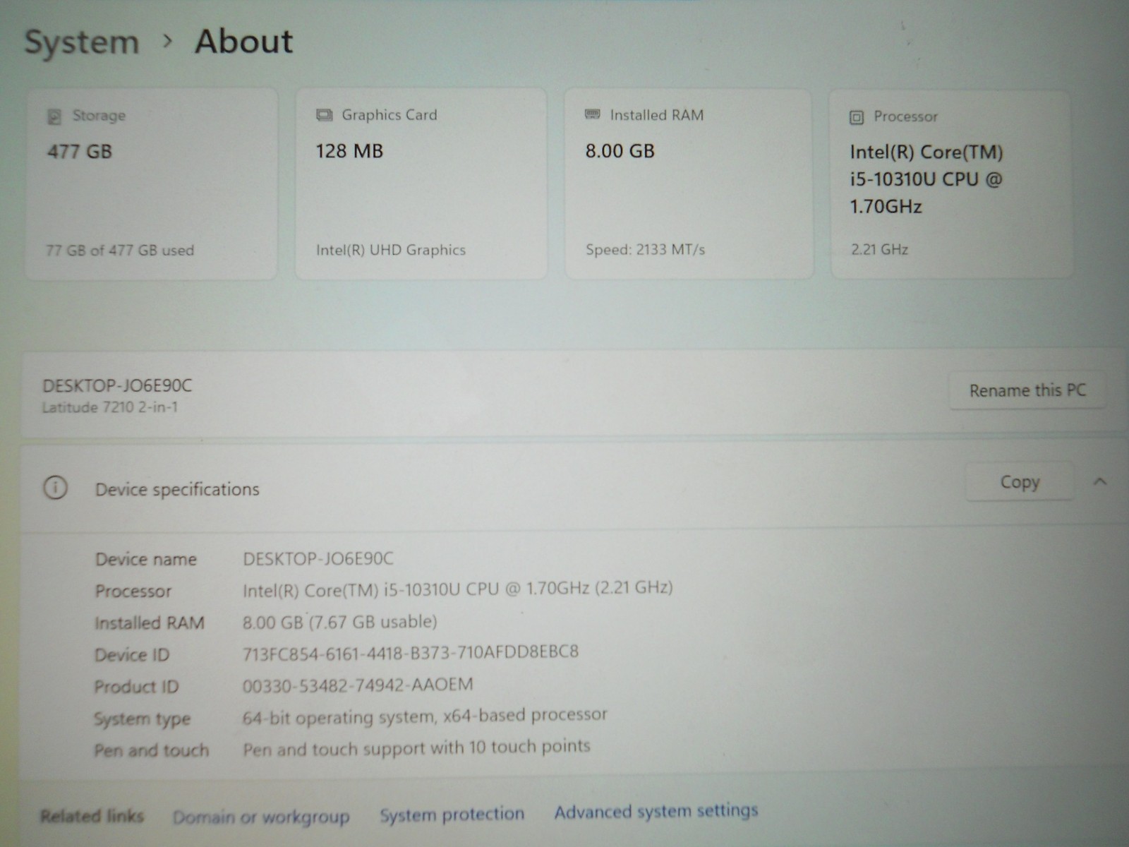 Dell Latitude 7210 2 In 1 Core i5 10310U 8GB 512GB Windows 11 Pro Tablet Laptop