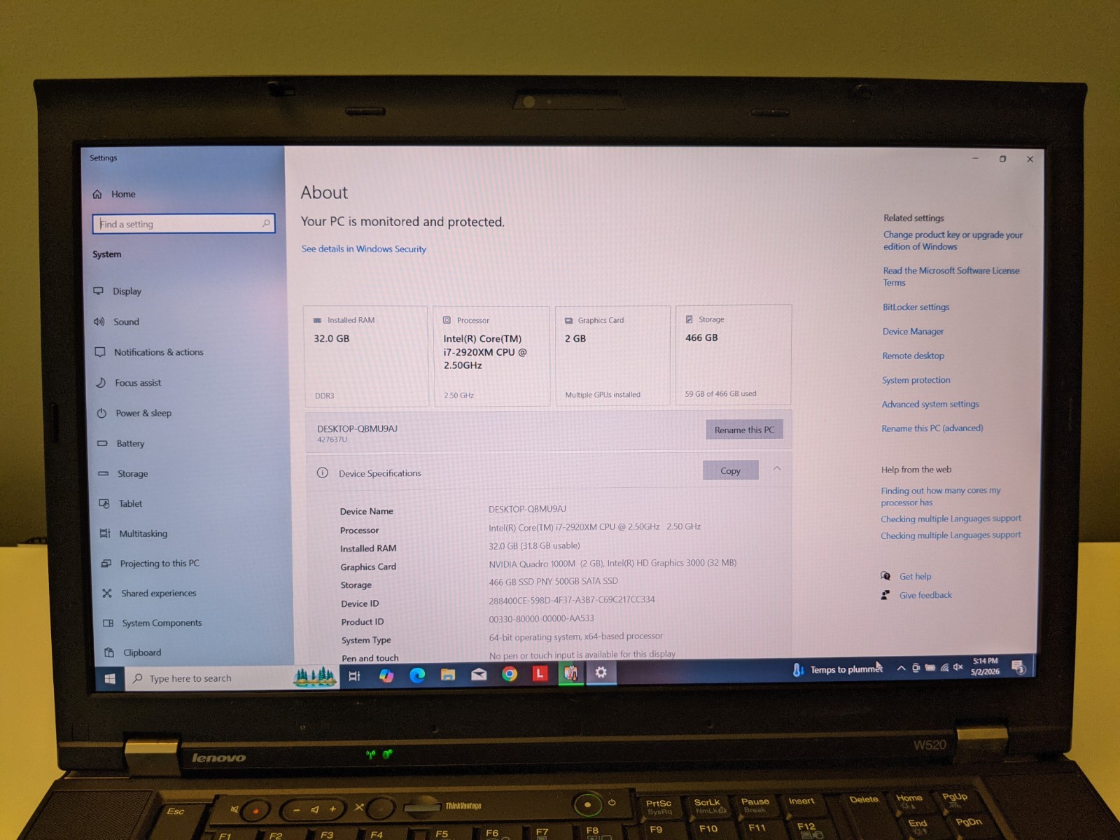 Lenovo ThinkPad W520 15.6” Laptop i7 Extreme 32GB RAM 500GB SSD Win 10 Pro
