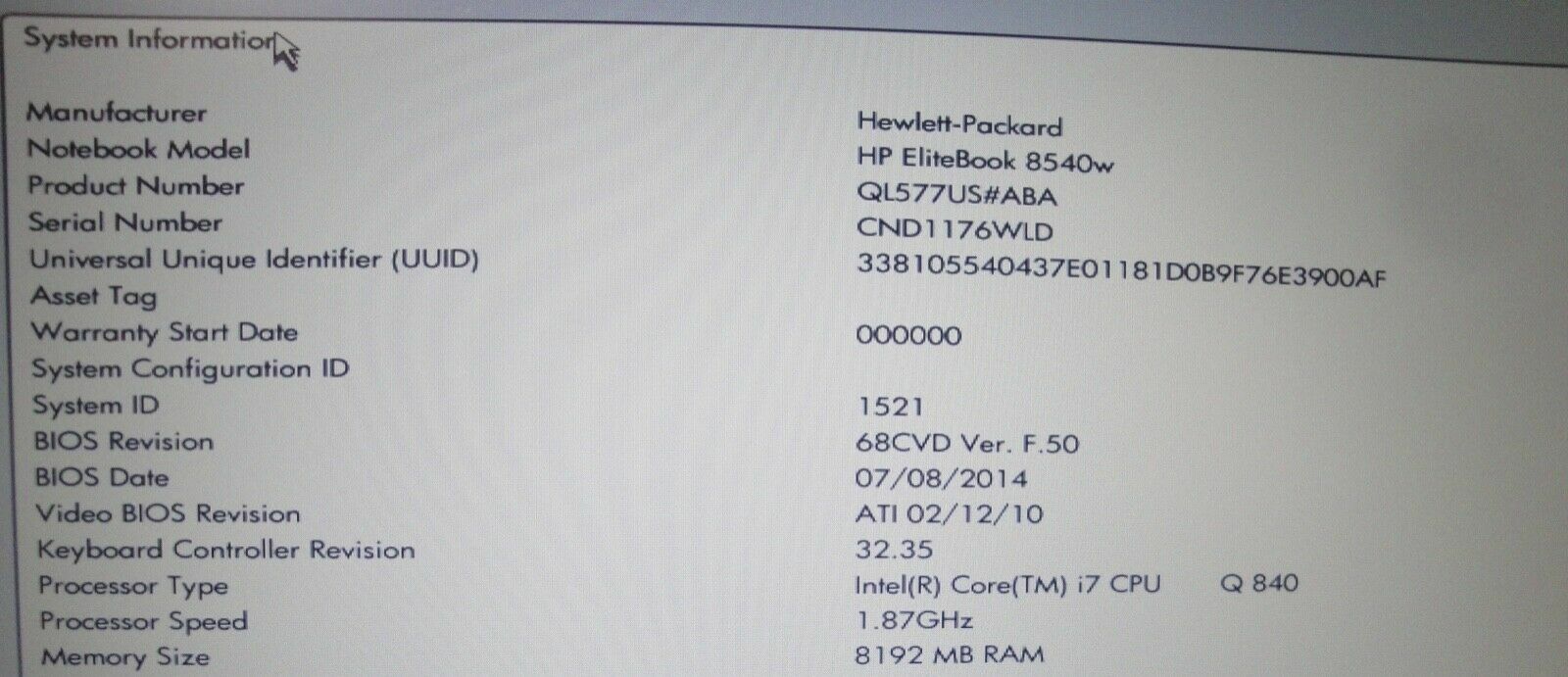 Lot of 6 HP EliteBook 8540W Core i7 Quad1.87 8GB 256Gb SSD Radeon M5800 DVD FHD