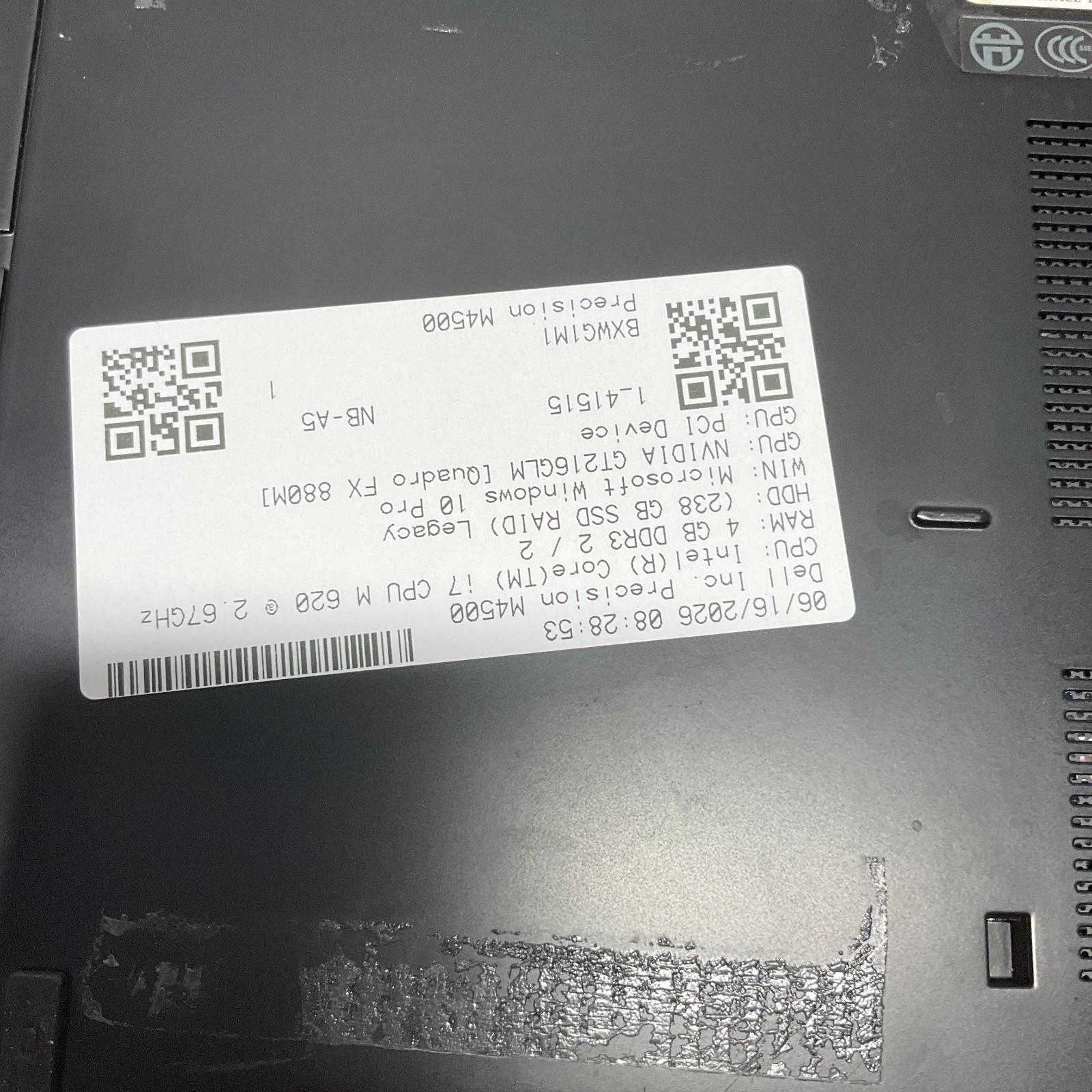 Dell Precision 4500 Laptop i7-620M 2.67GHz 4GB 250GB SSD Win 10 Pro NO BAT READ