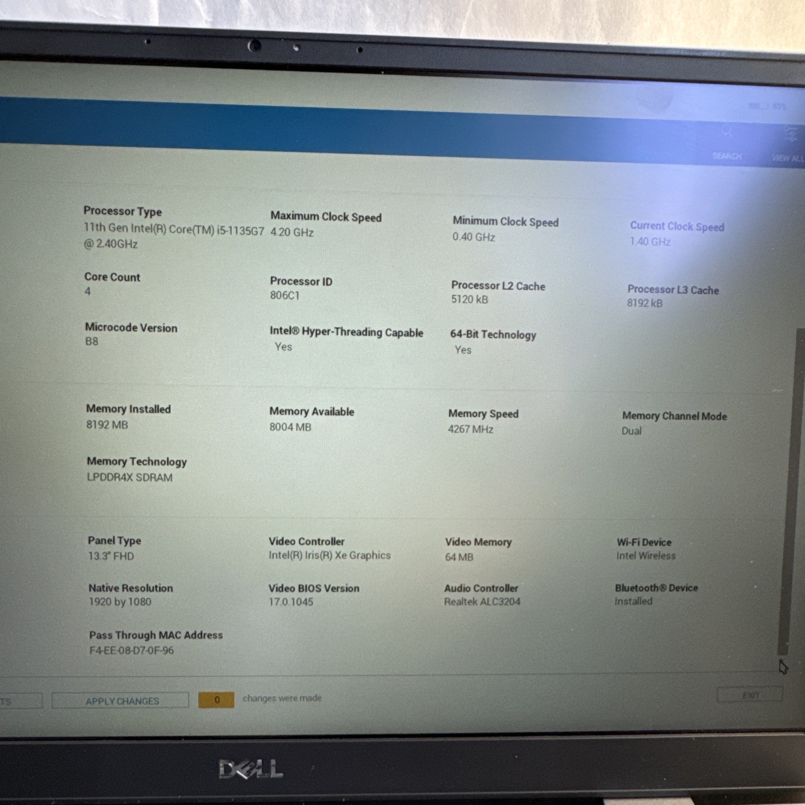 Dell Latitude 3320 Intel Core i5-1135G7 @2.40GHz 8GB Ram, NO SSD/OS