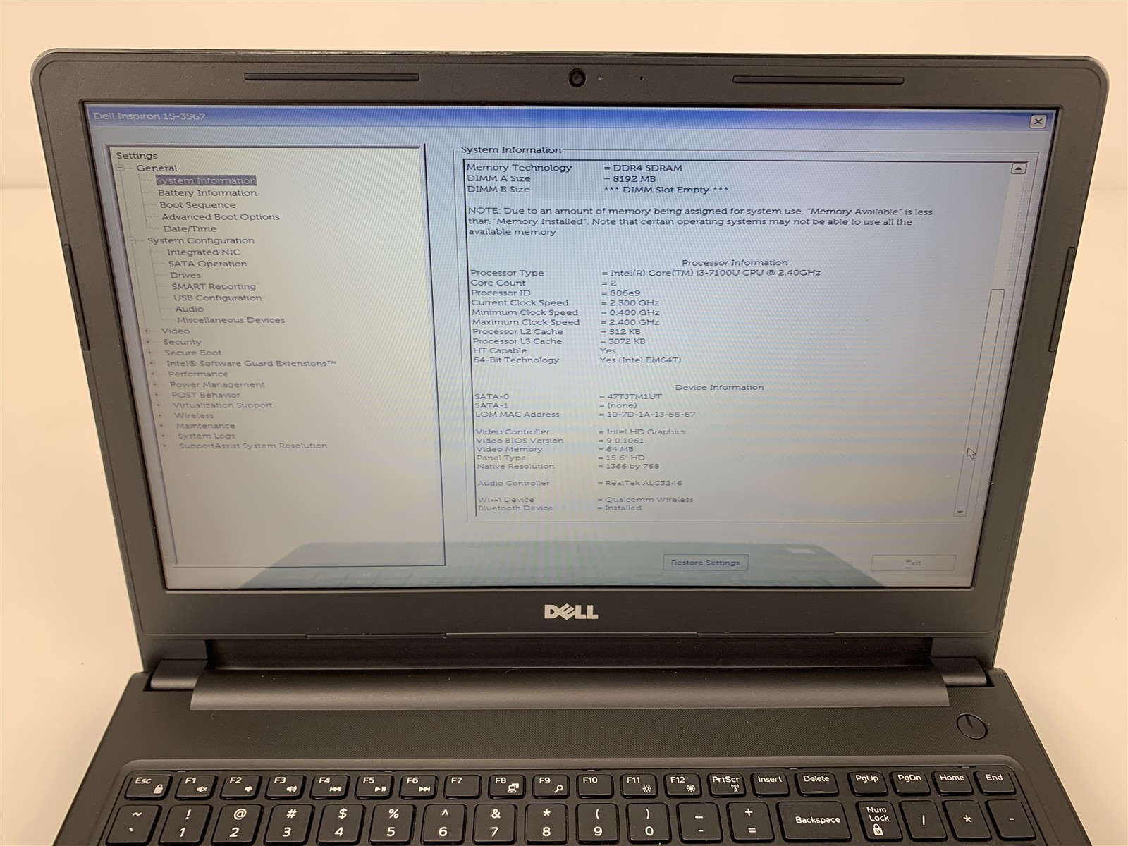 Dell Inspiron 15-3567 Intel i3-7100U 2.40GHz 8GB RAM 1TB HDD Windows 10 15.6″