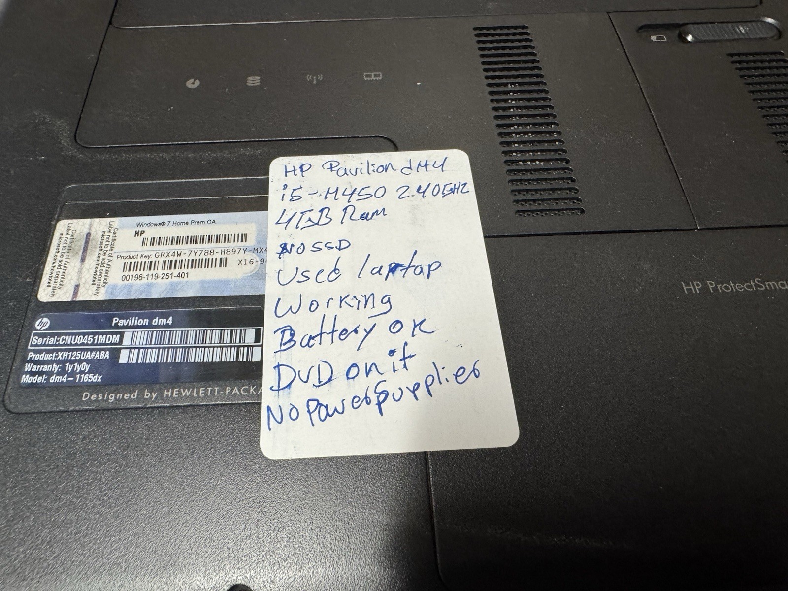 HP Pavilion dm4 i5-2450M 4GB RAM No SSD Battery OK DVD Not Working
