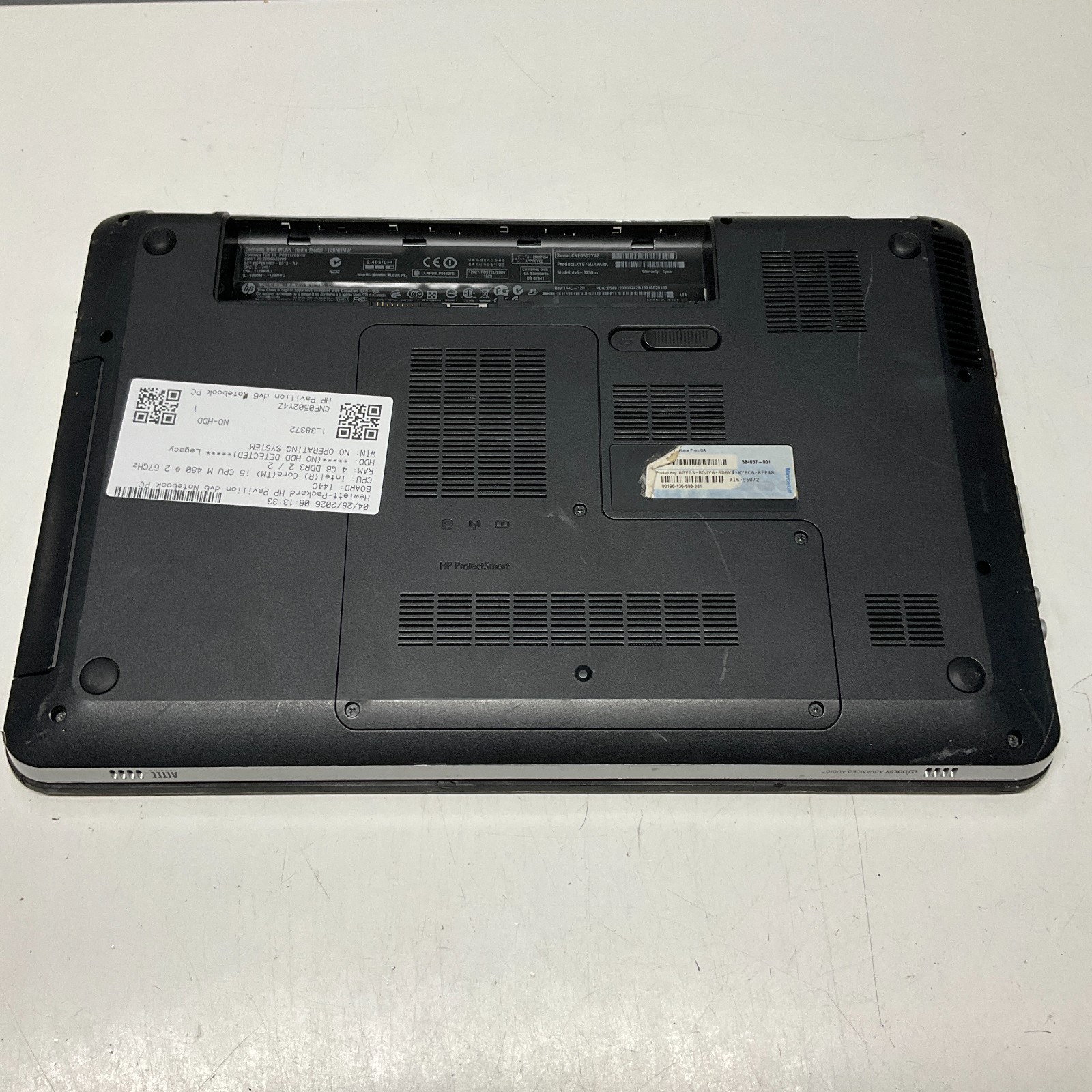 HP PAVILION DV6 Laptop Intel Core i5-M480 @ 2.67 GHz 4GB NO HDD/BATTERY