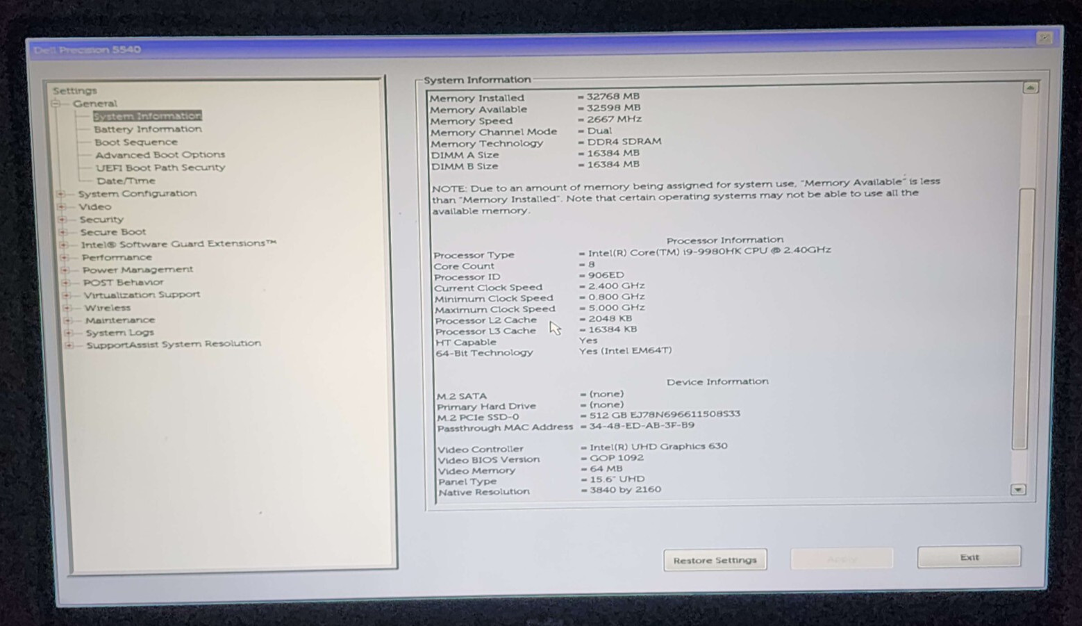 Dell Precision 5540 Touchscreen i9-9980HK 32GB RAM 256GB SSD No OS Screen Issue