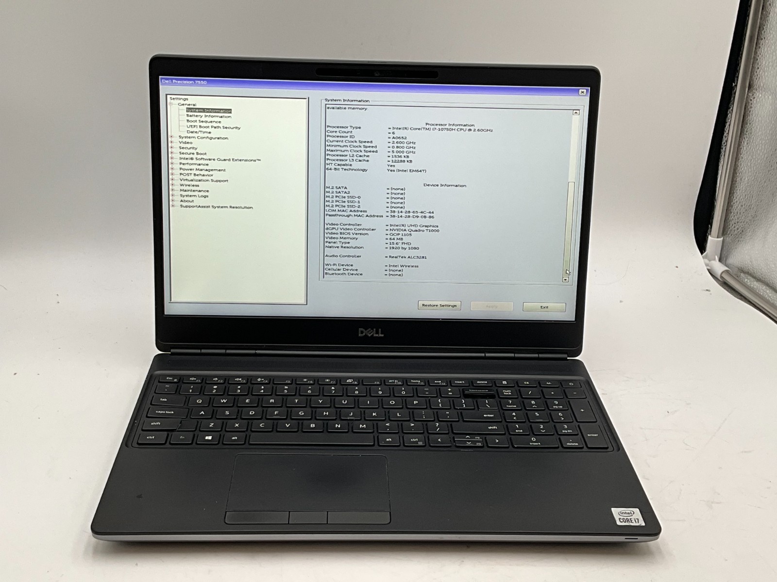 DELL Precision 7550 i7-10750H 2.60G 16GB NO DRIVE T1000*READ* 15.6″ JQ228G3