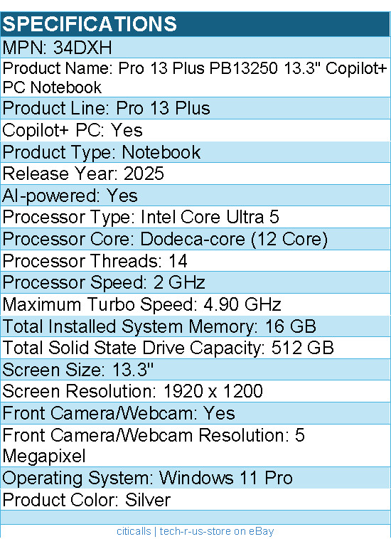 Dell 34DXH Pro 13 Plus PB13250 13.3″ Copilot+ PC Notebook – Full HD Plus -Silver