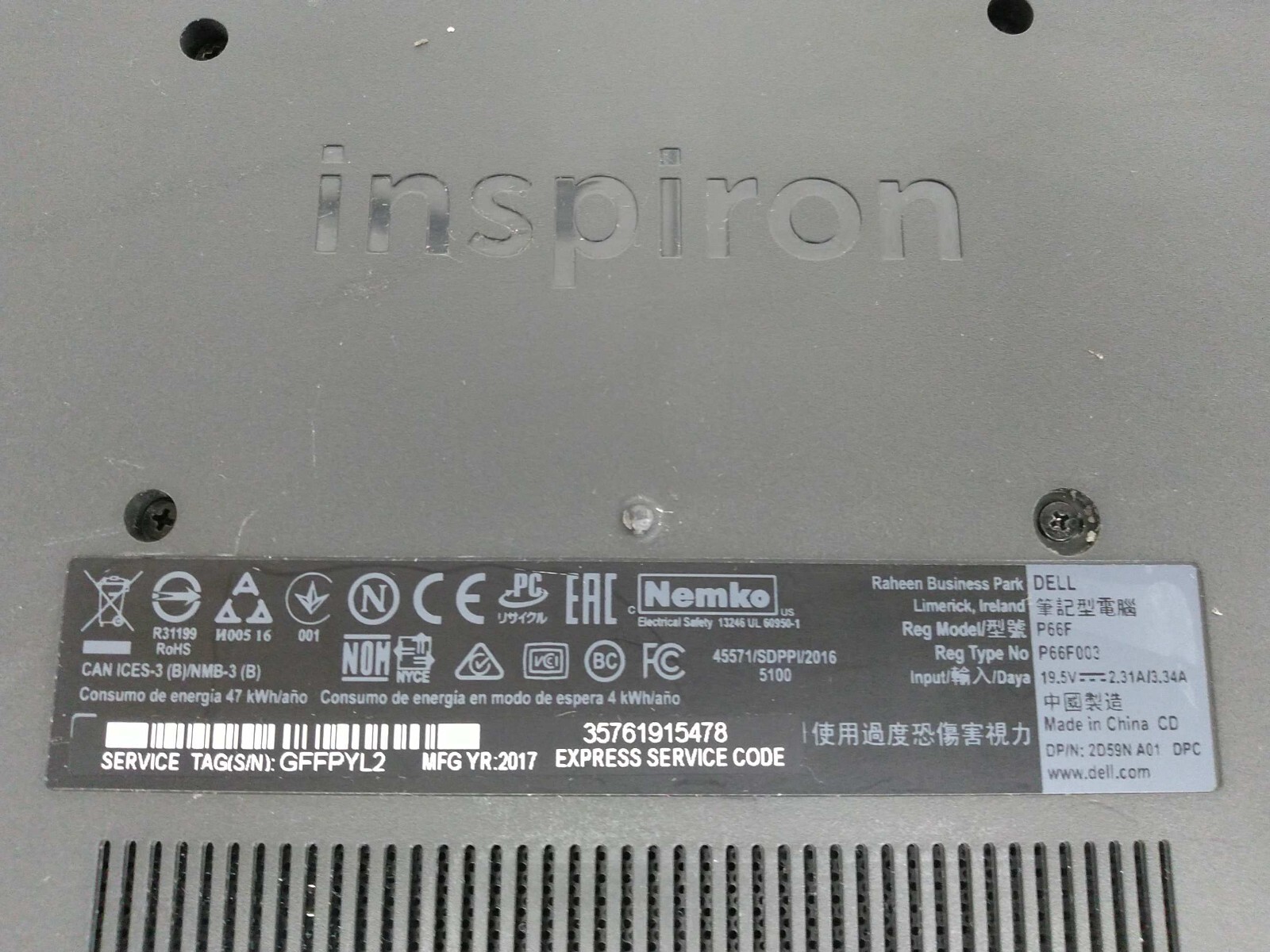 Dell inspiron 5565 15.6″AMD A9-9400 2400mhz 8gb ram 240gb SSD Charger* GFFPYL2