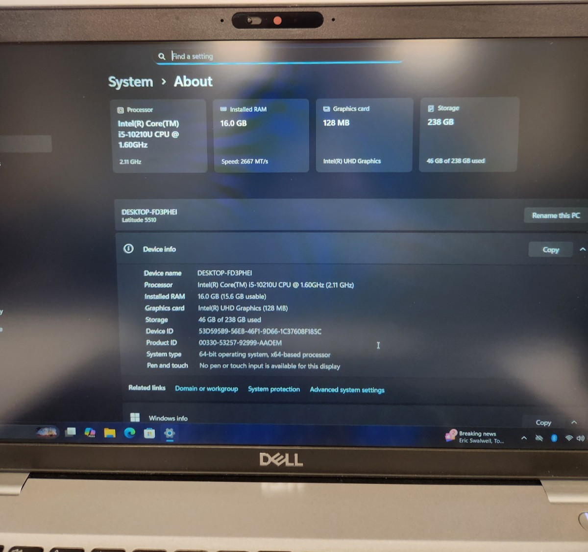 Dell Latitude 5510 Core i5-10210U, 16GB RAM, 256GB NVME, Win11 *READ #0448