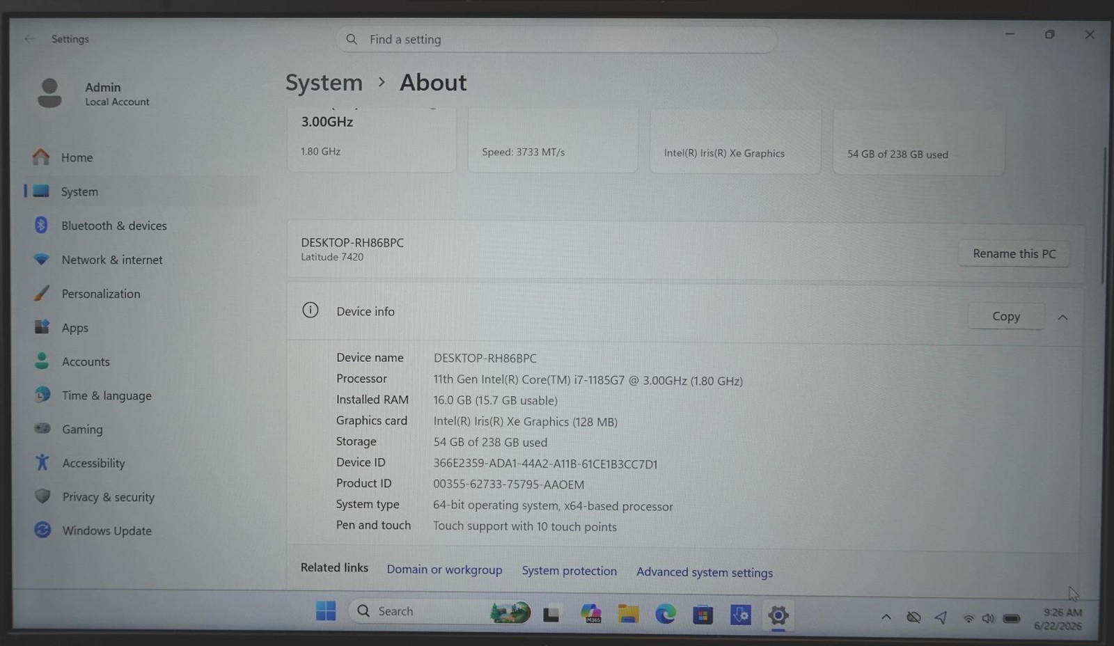 Dell Latitude 7420 14″ Core I7-1185G7 3.00GHz 16GB 256GB SSD Laptop