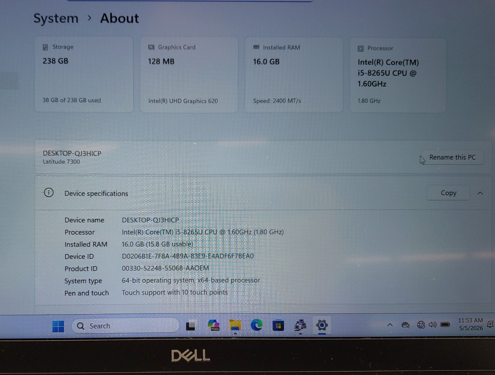 Dell Latitude 7300 i5-8265U 16GB 256GB SSD 13.3″ Touchscreen Win11 Pro Laptop PC
