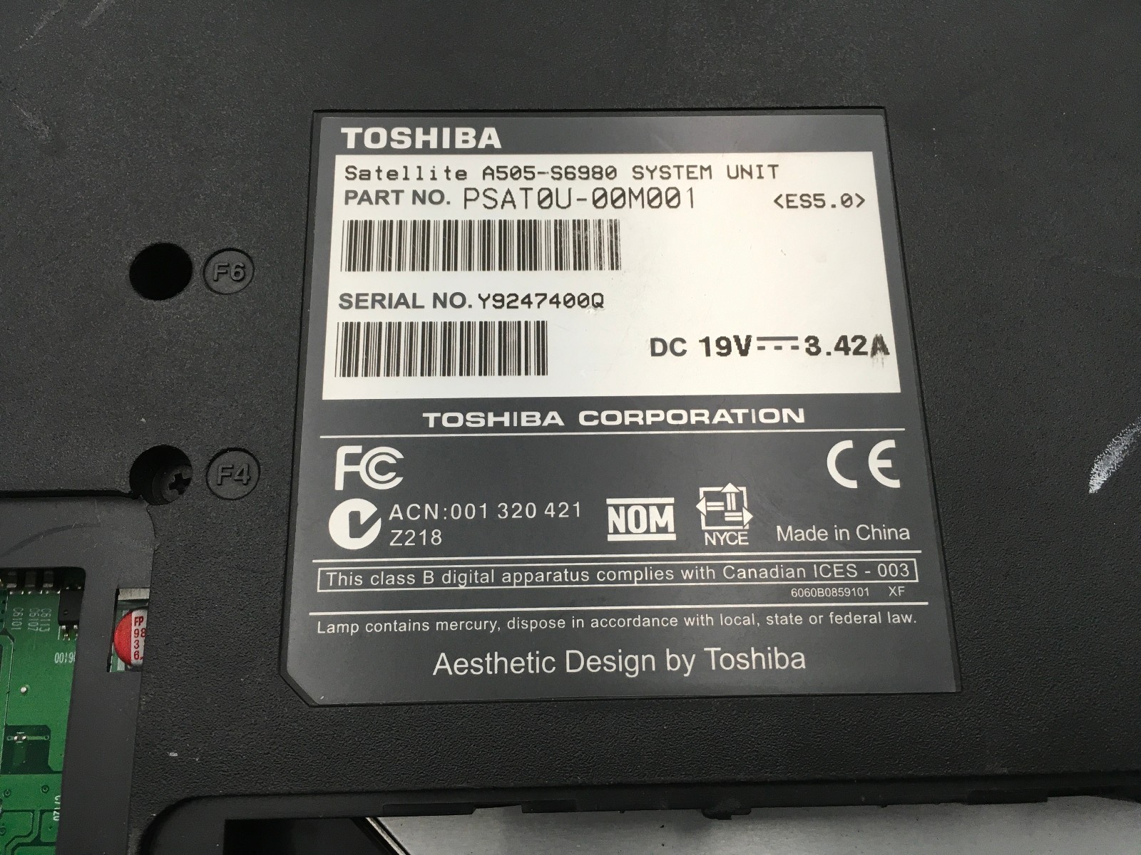 TOSHIBA SATELLITE A505 S6980 – BOOTS TO BIOS – INTEL 2 DUO T6600 – 512MB RAM -BB