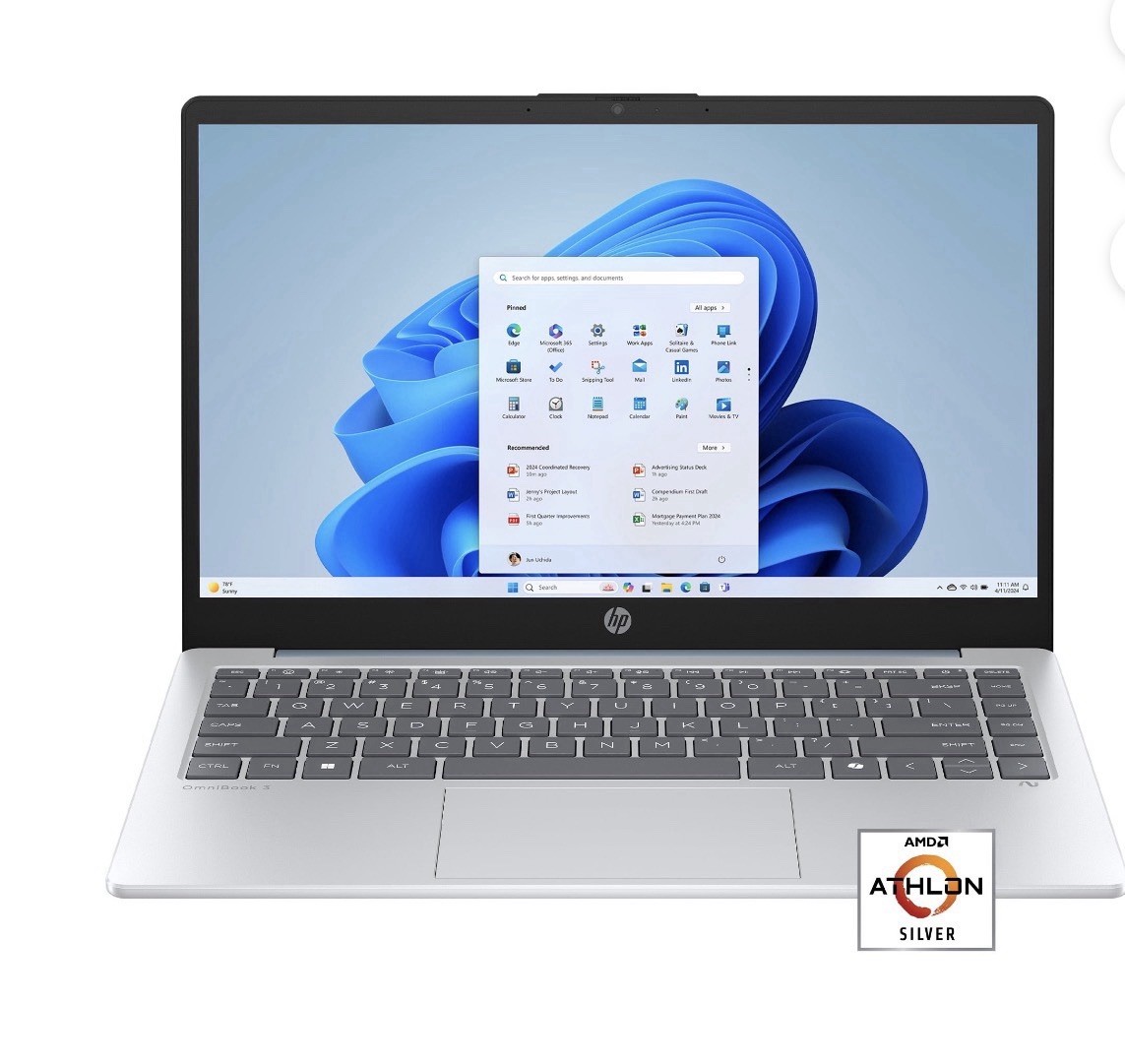 HP 14″ Laptop AMD Athlon Silver 7120U 4GB DDR4 RAM 128GB UFS Win11 Silver FHD