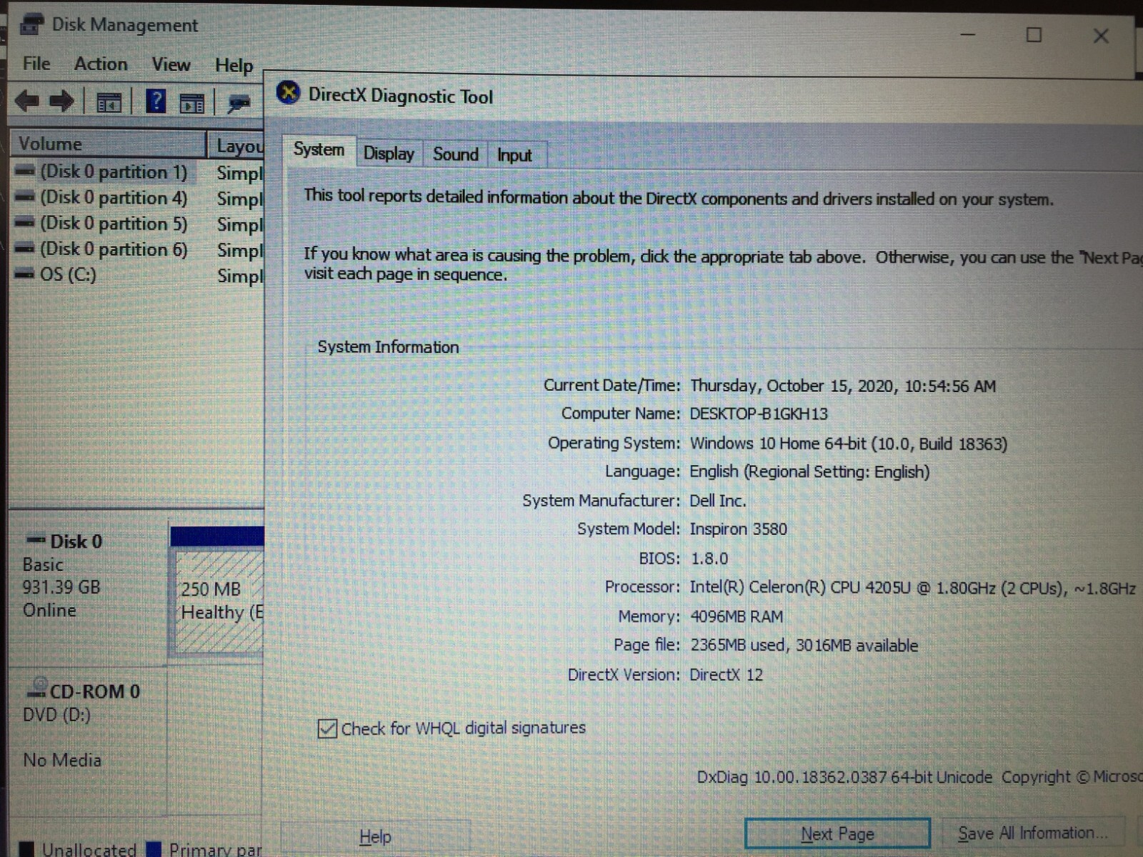 Dell Inspiron 3580 15.6″ HD Laptop/Intel 4205U/4G RAM/ 1TB HDD/Win 10H/Black