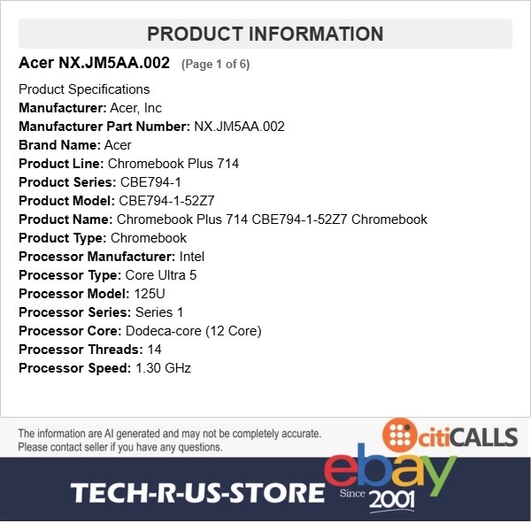 Acer NX.JM5AA.002 Chromebook Plus Enterprise 714 14″ Ultra 5 125U 16GB 256G