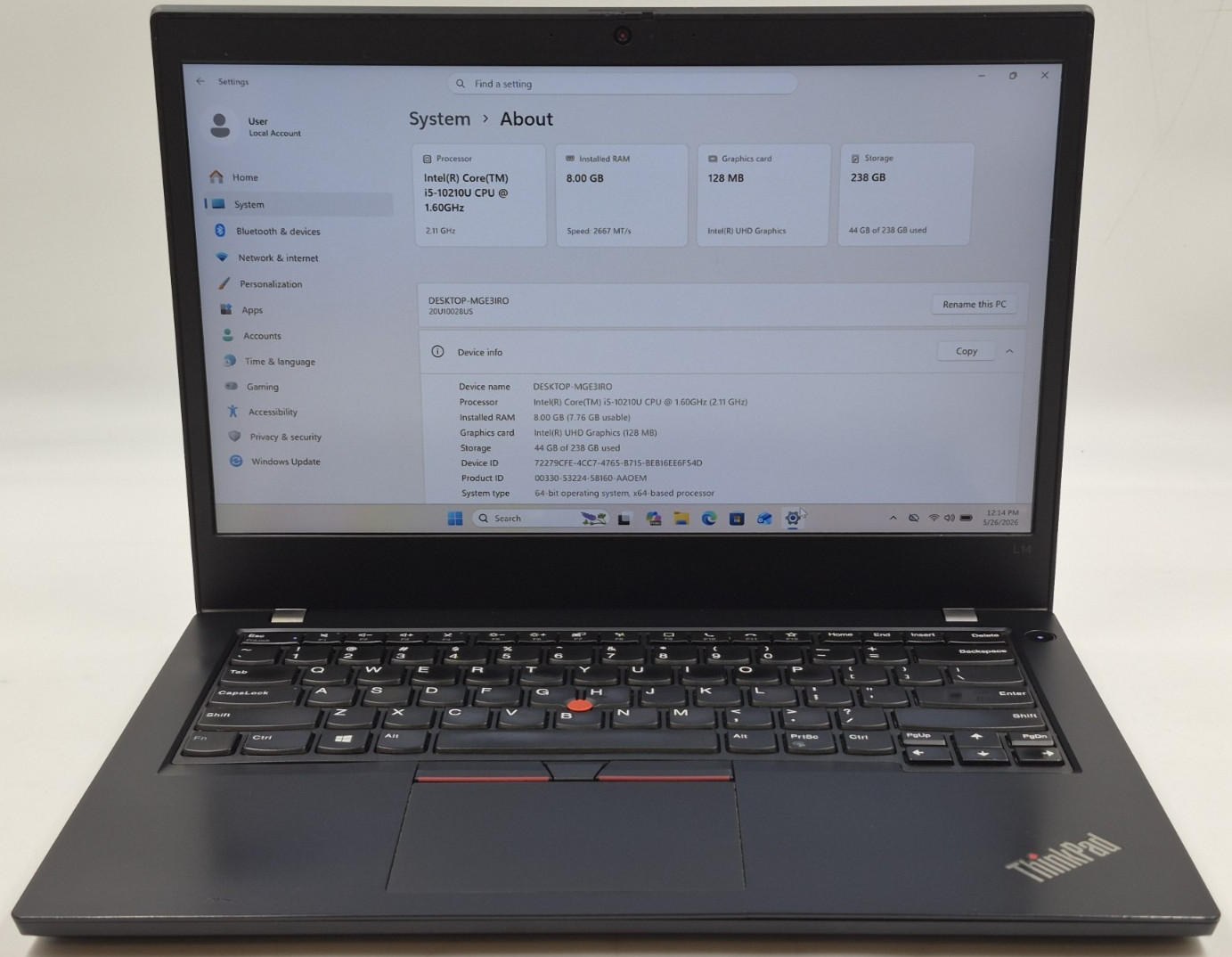 Lenovo ThinkPad L14 i5-10210U 1.60GHz 8GB RAM 256GB NVMe W11P Laptop