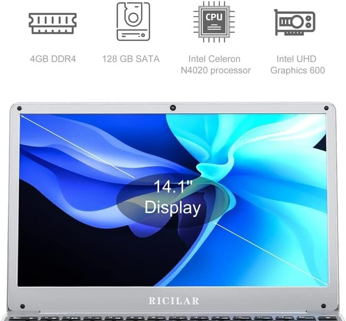 RICILAR Windows 10 Home Laptop, 14.1In HD Display, Intel Celeron N4020, 4GB RAM