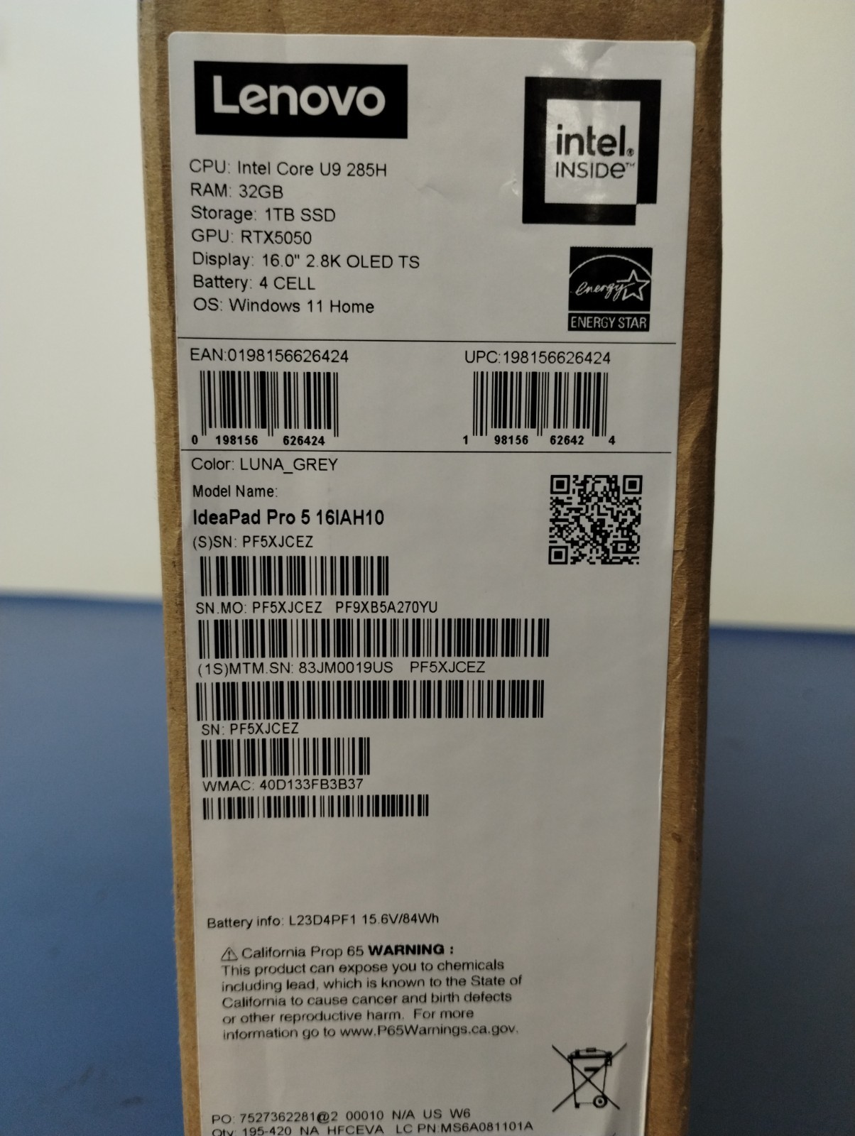 Lenovo IdeaPad Pro 5 16IAH10, Intel Core Ultra 9 285H, 32 GB RAM, 1 TB NVMe SSD