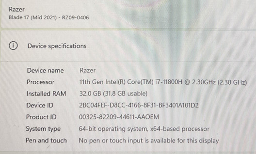 Razer Blade 17 2021 RZ09-0406 11th Gen i7-11800H 2.30GHz 64 Bit WIN 11 Home 1TB